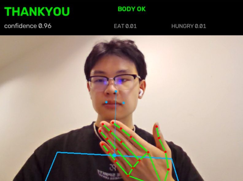 SignBridge recognizing the sign THANKYOU at 0.96 confidence with hand and body landmarks overlaid
